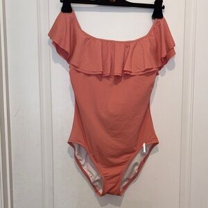 Michael Kors Girls Coral One-Piece Swimsuit with Ruffle Off-Shoulder